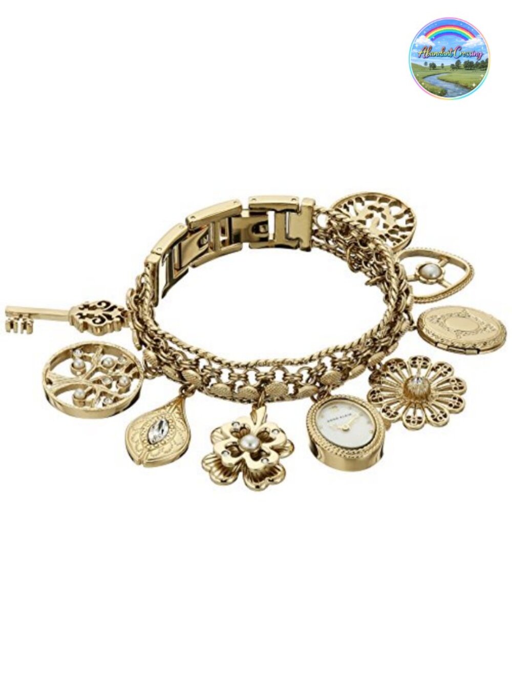 Women's Gold Tone Stainless Steel Charm Bracelet Watch with Crystal Accents
